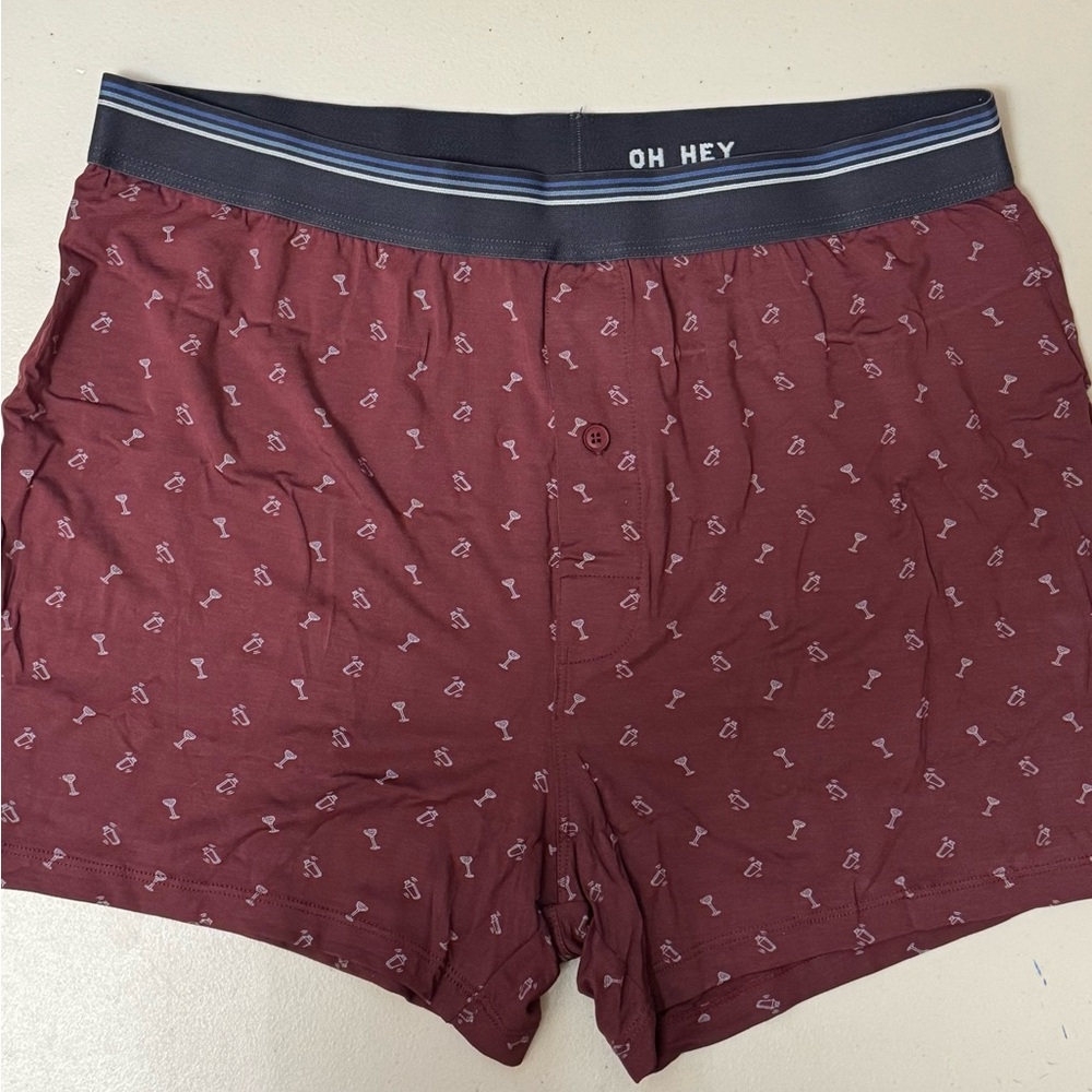 Marine Layer BOXER button Men's Burgundy Martini Shaker print baby blue